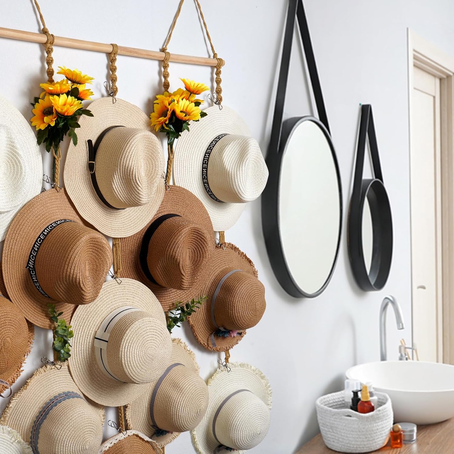 Organizador de sombreros de macramé para pared, 15 clips de 31 x 53 pulgadas, ganchos grandes para sombreros de Fedora, para almacenamiento de