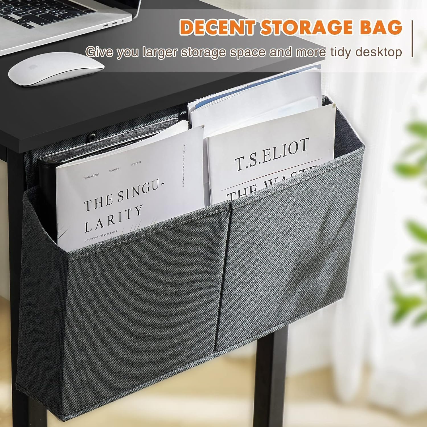 Sweetcrispy Escritorio – Mesa pequeña de madera de 32 pulgadas con bolsa de almacenamiento y gancho de hierro para el hogar, dormitorio, color negro
