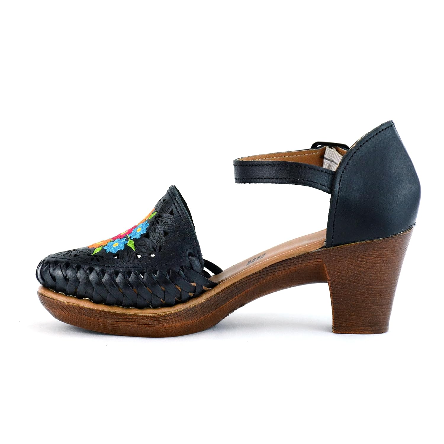 Mexican Leather Shoes with Embroidered Flowers, with heels for Women – Model 102BL (7, Black)