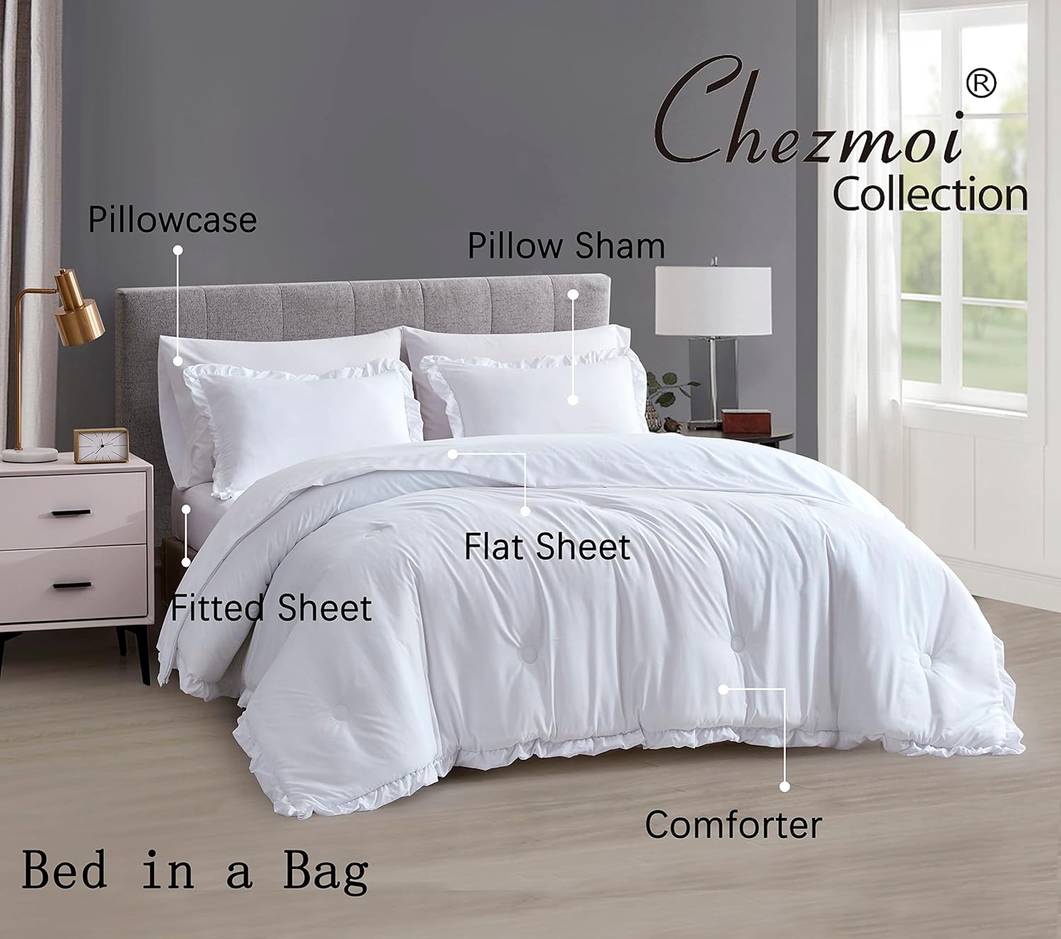 Chezmoi Collection Eleanora – Juego de cama Queen en una bolsa, 7 piezas con ribete de volantes, suave lavado, de microfibra de doble cepillado con