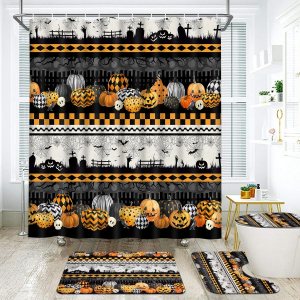 Ikfashoni Juego de 4 cortinas de ducha de Halloween con alfombras, juego de cortinas de ducha de calavera de calabaza aterradora con 12 ganchos, Ikfashoni Juego de 4 cortinas de ducha de Halloween con alfombras, juego de cortinas de ducha de calavera de calabaza aterradora con 12 ganchos,