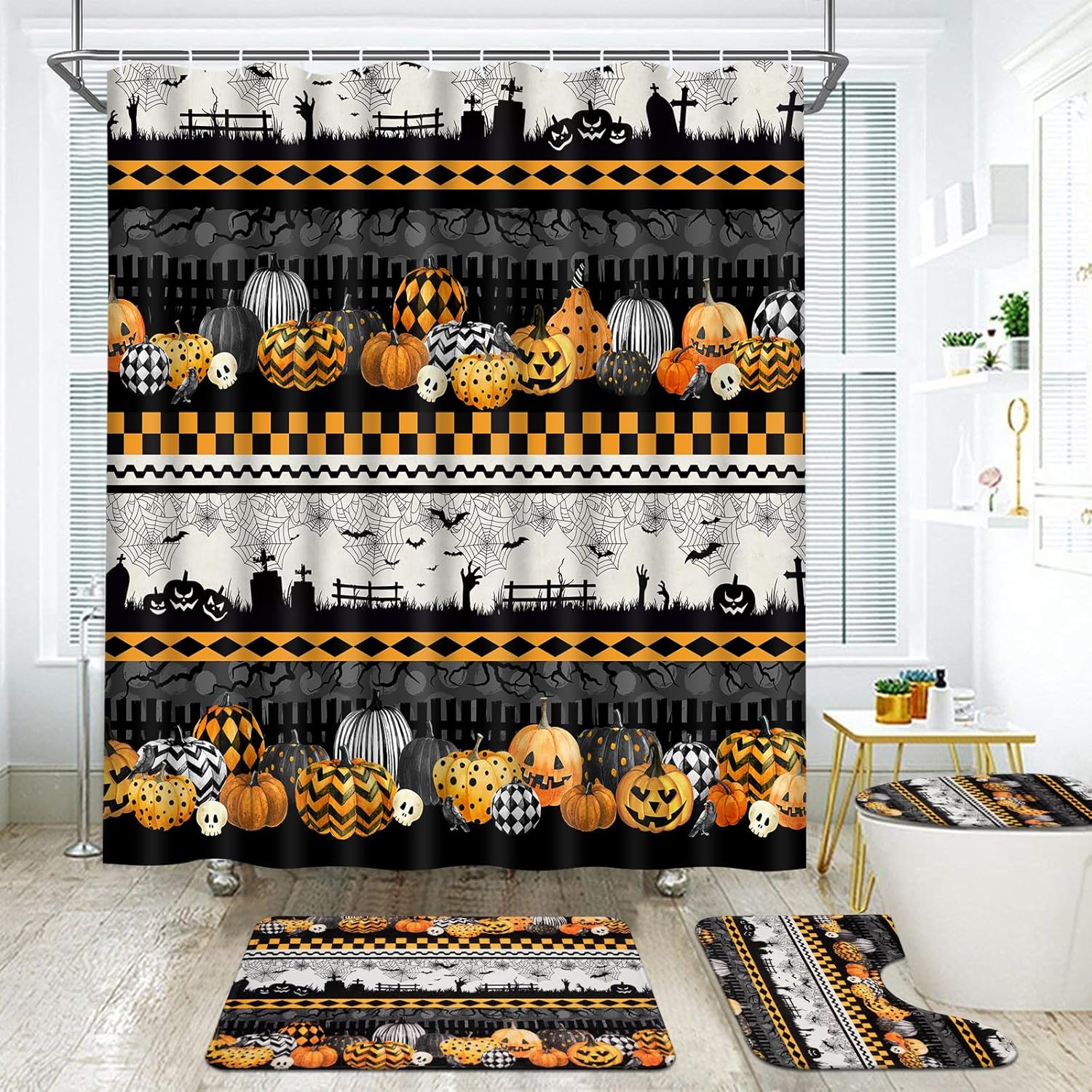 Ikfashoni Juego de 4 cortinas de ducha de Halloween con alfombras, juego de cortinas de ducha de calavera de calabaza aterradora con 12 ganchos,