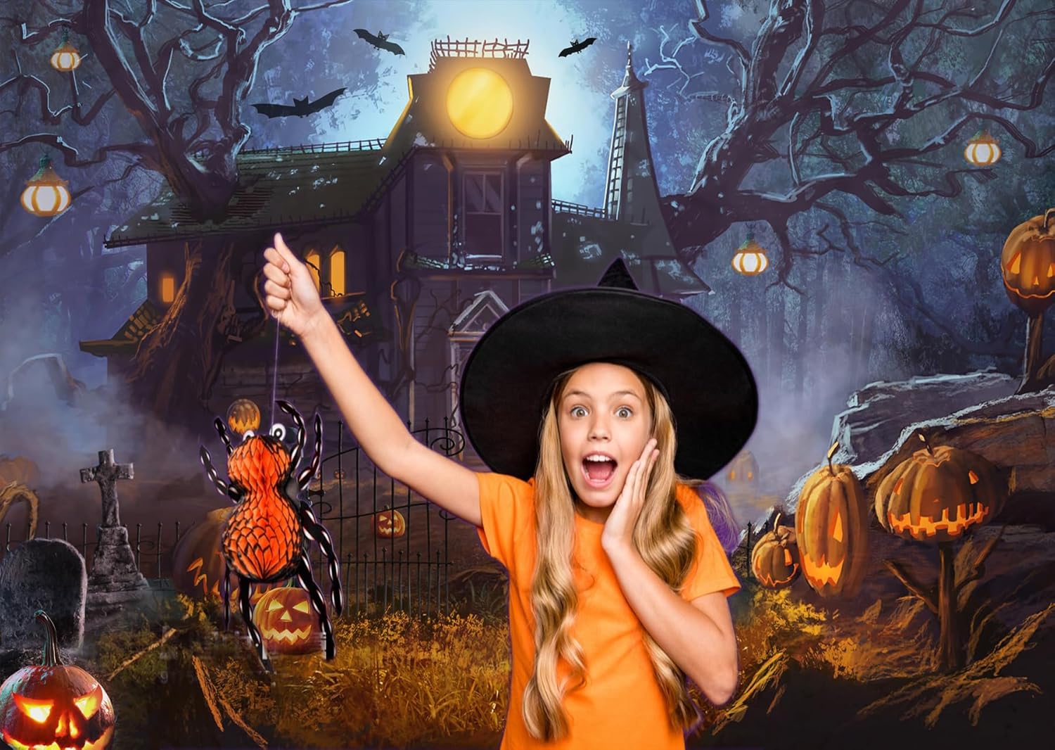 Dudaacvt Telón de fondo de Halloween de 8 x 6 pies, noche de terror, luna, cementerio, calabaza, farol, telón de fondo para Halloween, niños,