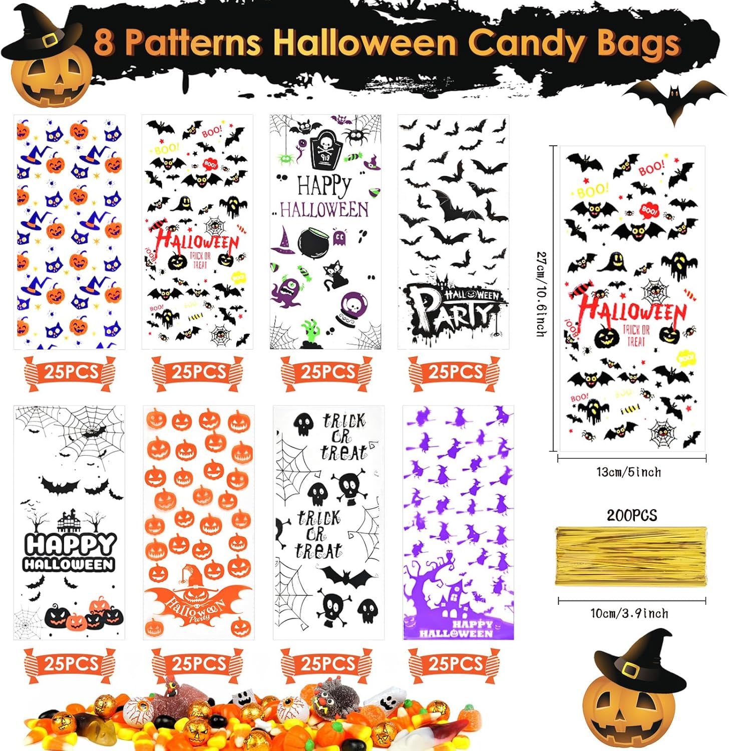 AhfuLife 200 bolsas de celofán de Halloween, 8 diseños de bolsas de dulces transparentes de Halloween para golosinas o tratos, bolsas de golosinas