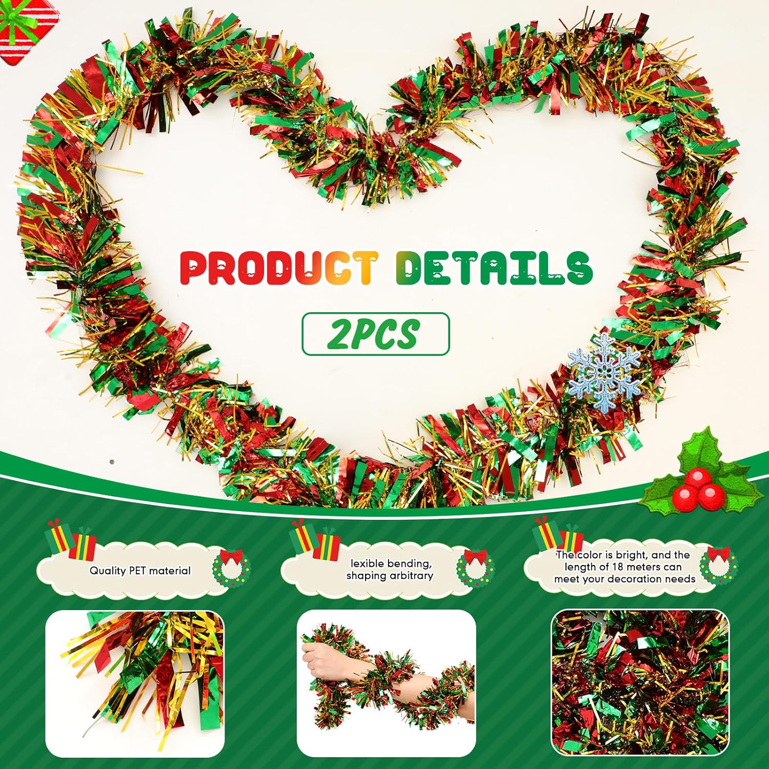 Guirnalda de oropel de Navidad de 118 pies con brillantina, guirnalda metálica para árbol de Navidad, guirnalda colgante de techo brillante para