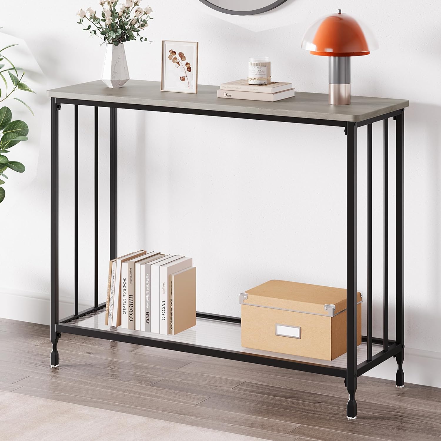 IDEALHOUSE Mesa consola, mesas de sofá, mesa de entrada estrecha con estante de vidrio y marco de metal, mesa de pasillo industrial de 33.5 pulgadas