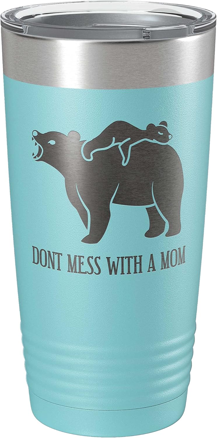 Mama Bear, Don’t Mess with a Mom – Vaso de 20 onzas con recubrimiento en polvo grabado con tapa, cumpleaños para mamá CM01