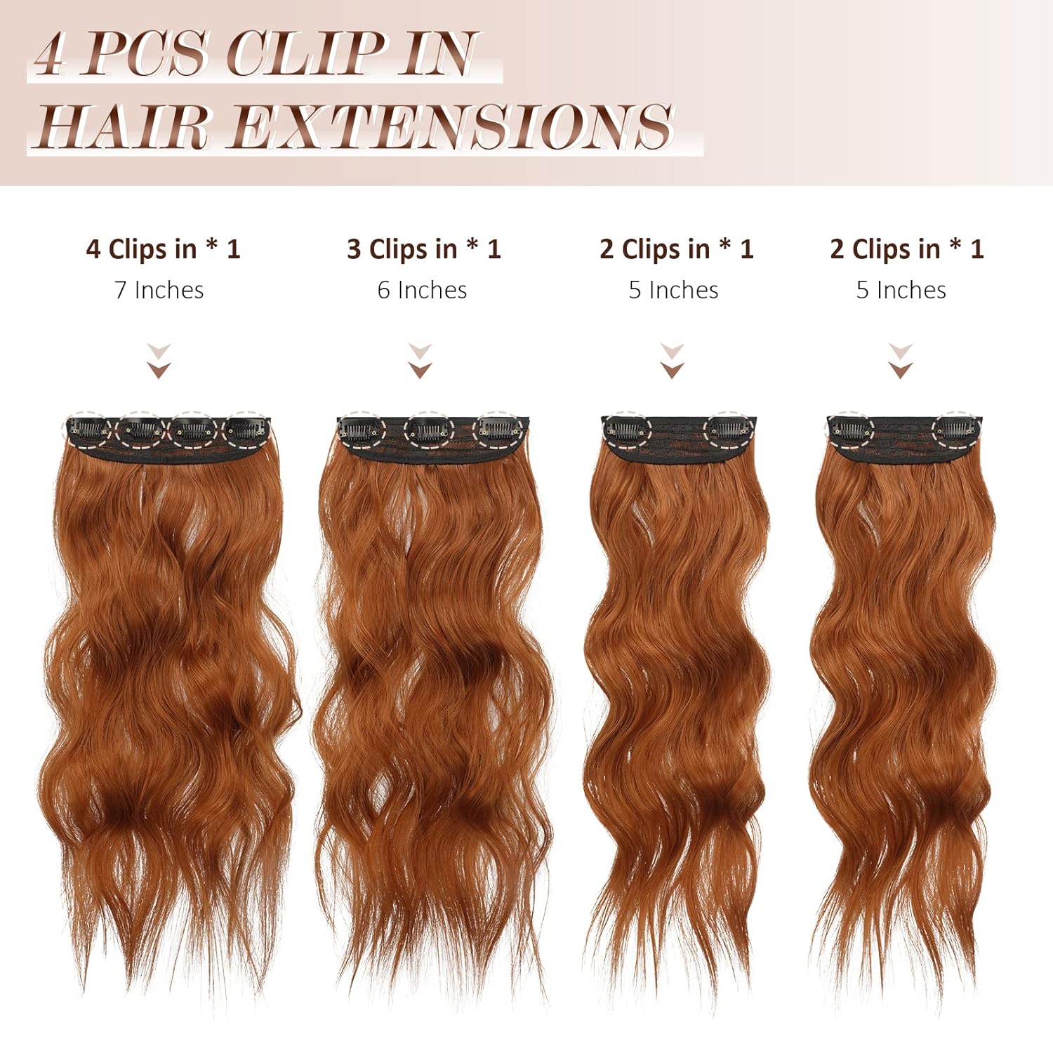 FESHFEN Extensiones de cabello con clip, 4 piezas de extensiones de cabello sintético largo ondulado con clip, extensiones de cabello sintético de