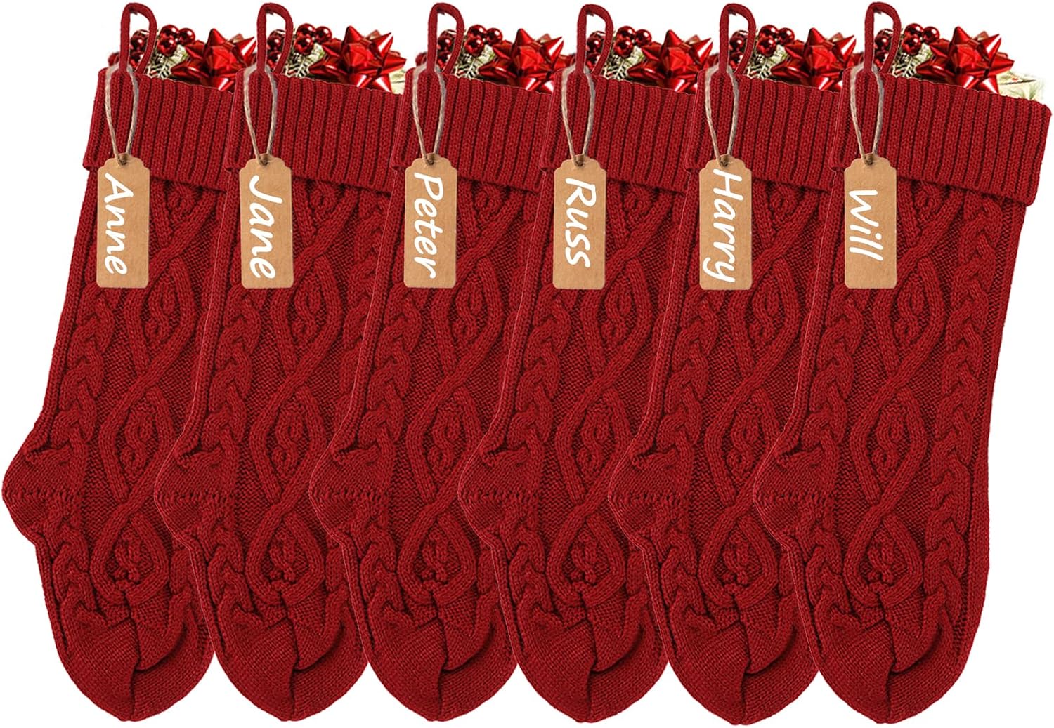 Medias de Navidad familiares grandes personalizadas paquete de 6 medias rojas, letras de Navidad, etiquetas de nombre de calcetín grande,