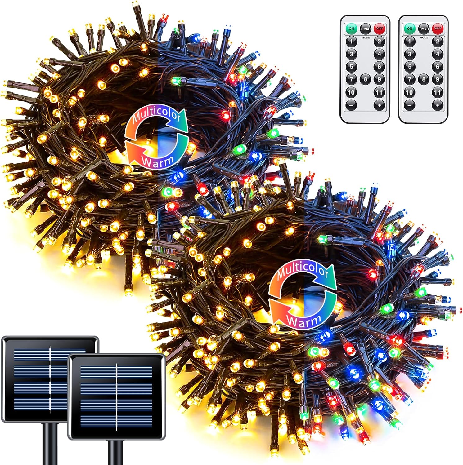JMEXSUSS Paquete de 2 luces solares de Navidad de color blanco cálido y multicolor con 11 modos de control remoto, cada 100 LED de 42.7 pies, luces