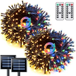 JMEXSUSS Paquete de 2 luces solares de Navidad de color blanco cálido y multicolor con 11 modos de control remoto, cada 100 LED de 42.7 pies, luces JMEXSUSS Paquete de 2 luces solares de Navidad de color blanco cálido y multicolor con 11 modos de control remoto, cada 100 LED de 42.7 pies, luces