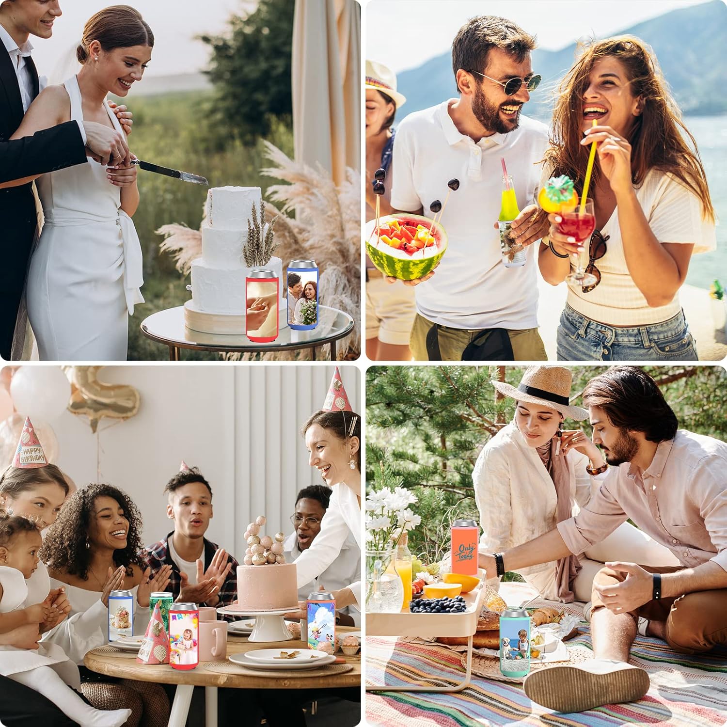 Fundas enfriadoras de latas personalizadas, 6 unidades, soporte para botellas de bebidas con logotipo y texto de imagen para boda, fiesta de