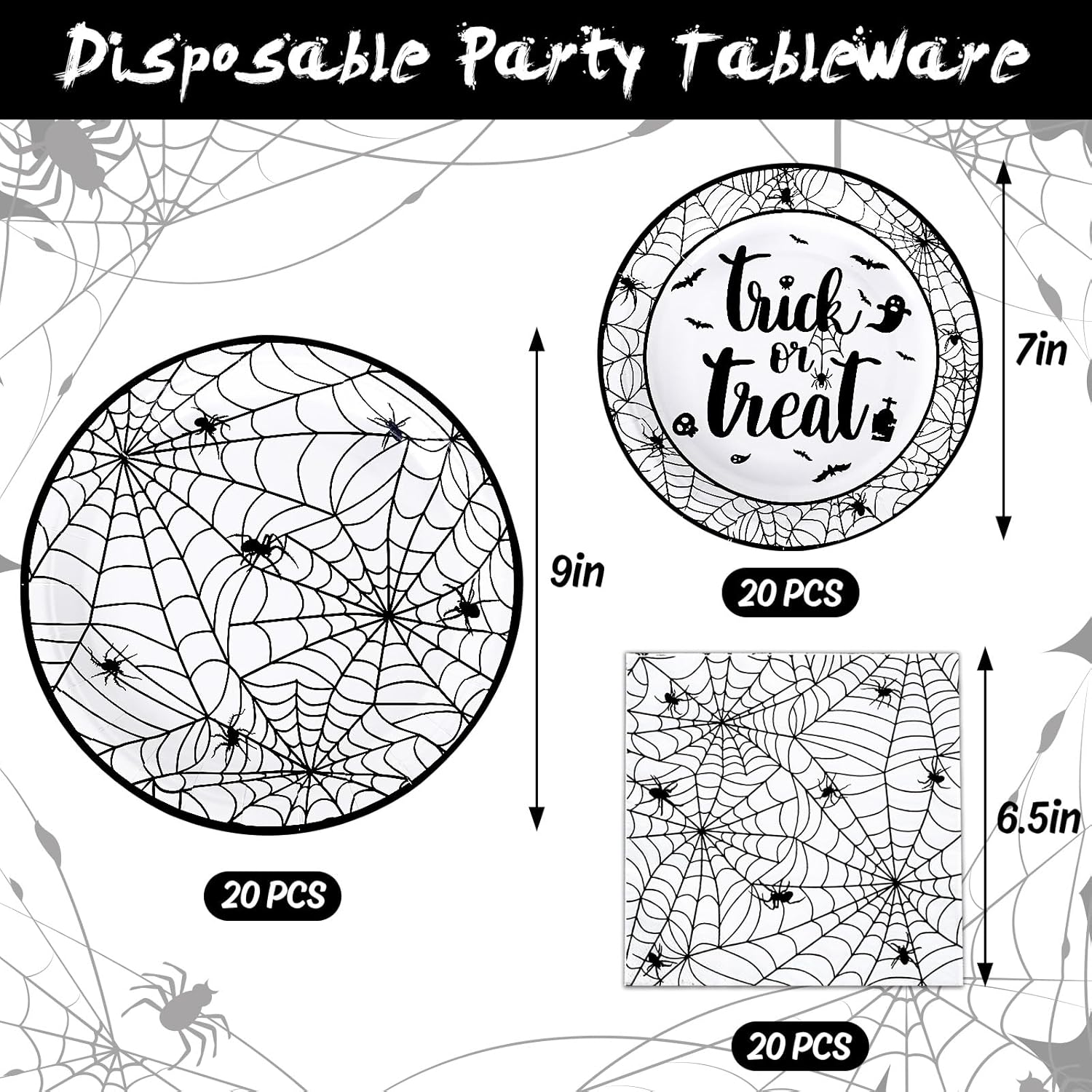 Whaline Platos y servilletas de Halloween, 40 platos de papel de telaraña y 20 servilletas de almuerzo, juego de vajilla desechable para decoración