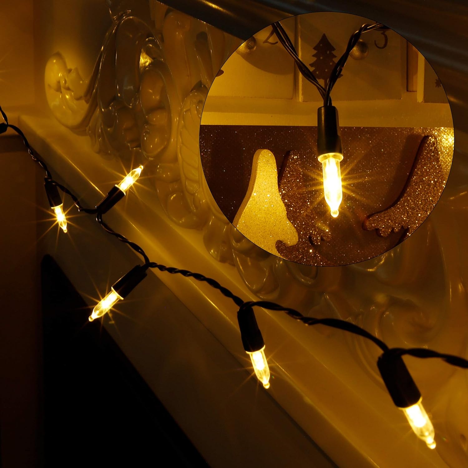 Joliyoou 50 luces LED de Navidad de color blanco cálido, 2 unidades de 16 pies, funciona con pilas, mini tira de luces de Navidad con 8 modos de
