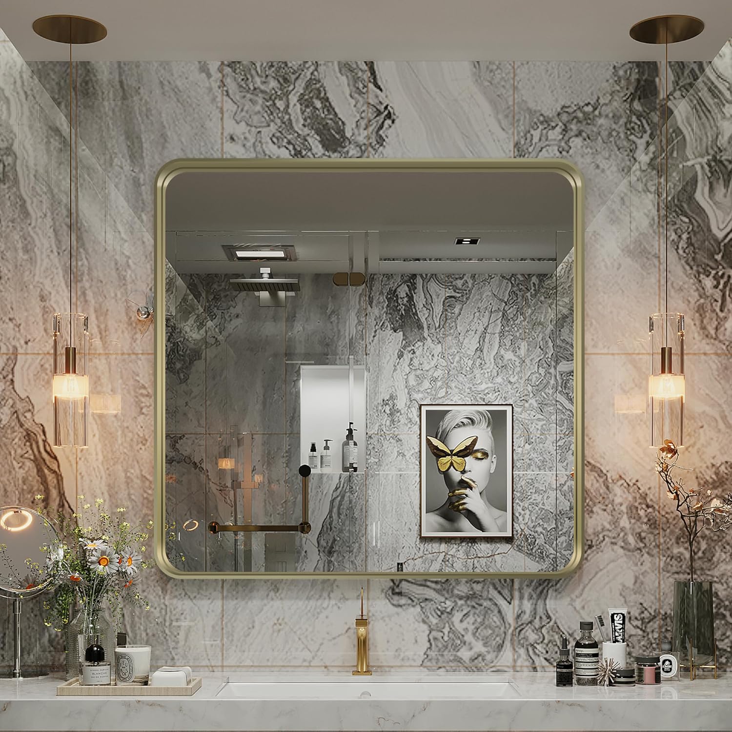 Wanzvisk Espejos con marco dorado para baño, espejo rectangular de 36 x 36 pulgadas para pared, espejo de tocador dorado mate con vidrio templado,