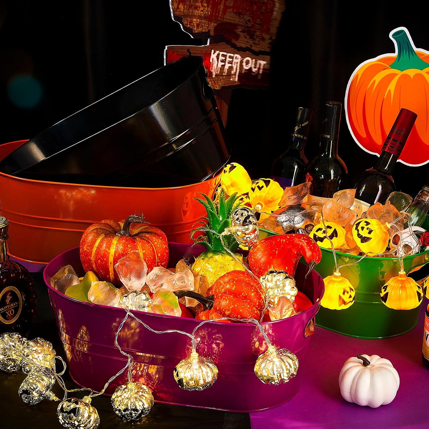 4 cubos de bebidas de Halloween de 4 galones, grandes tinas de hielo para fiestas, recipientes de metal galvanizado para bebidas, cerveza, vino,