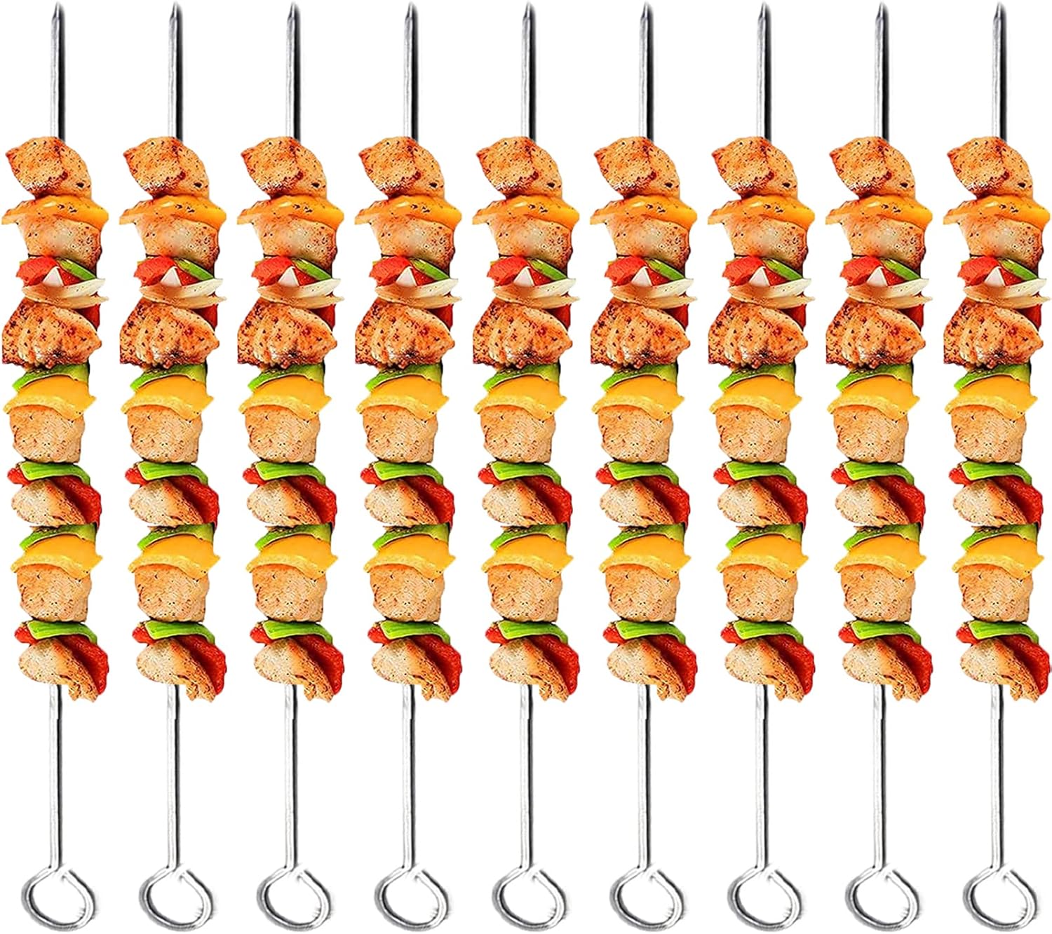 Brochetas de metal para asar a la parrilla, brochetas para brochetas de acero inoxidable de 14 pulgadas con asas de anillo, pinchos de metal,