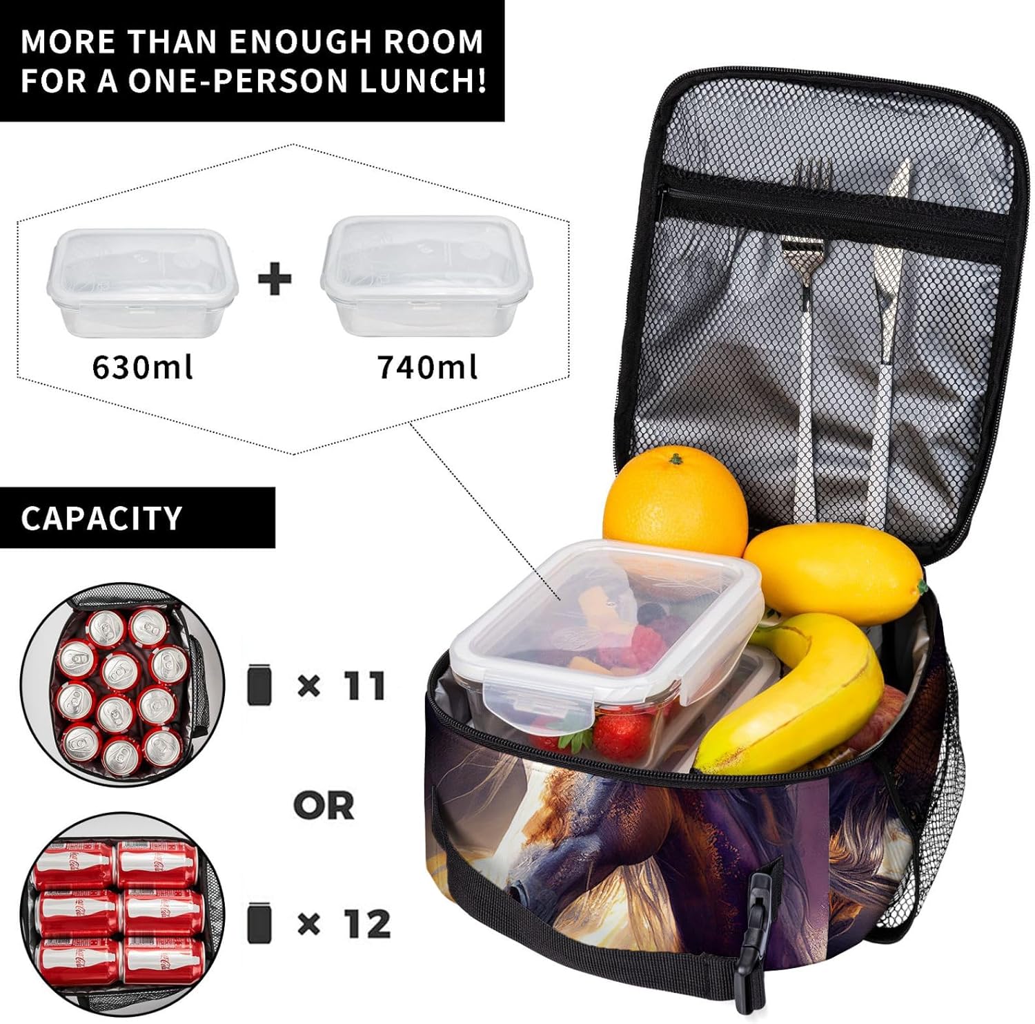 Cioroper Bolsa de almuerzo aislada marrón con caballo de acuarela para mujer, lonchera para hombres, bolsa de mano portátil para trabajo, picnic,