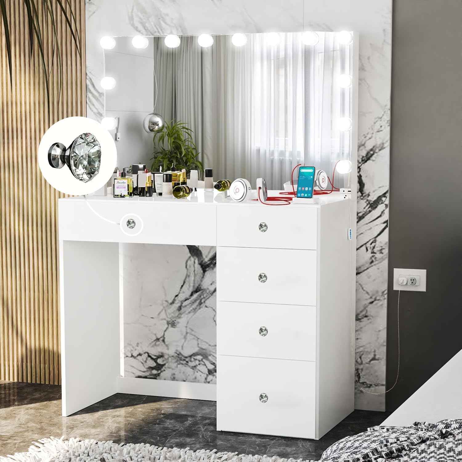Boahaus Saranya – Moderno escritorio de maquillaje con cajones y bombillas Hollywood complementario, blanco, perillas de cristal, pequeño escritorio