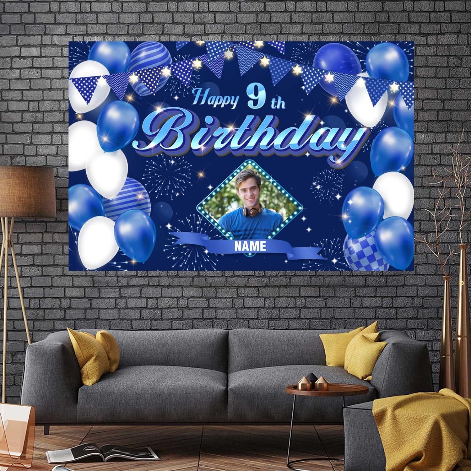Fondo de decoración de cumpleaños número 9 azul marino personalizado, letrero de fondo de cumpleaños con purpurina, pancarta de feliz cumpleaños,
