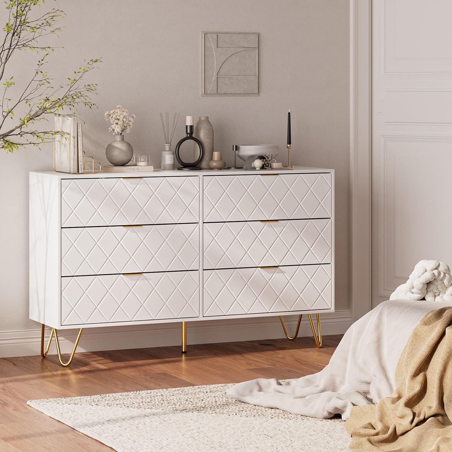 Aobafuir Cómoda de 6 cajones, cajón, armario de almacenamiento alto con patas de metal, cómoda grande para dormitorio, sala de estar, armario,