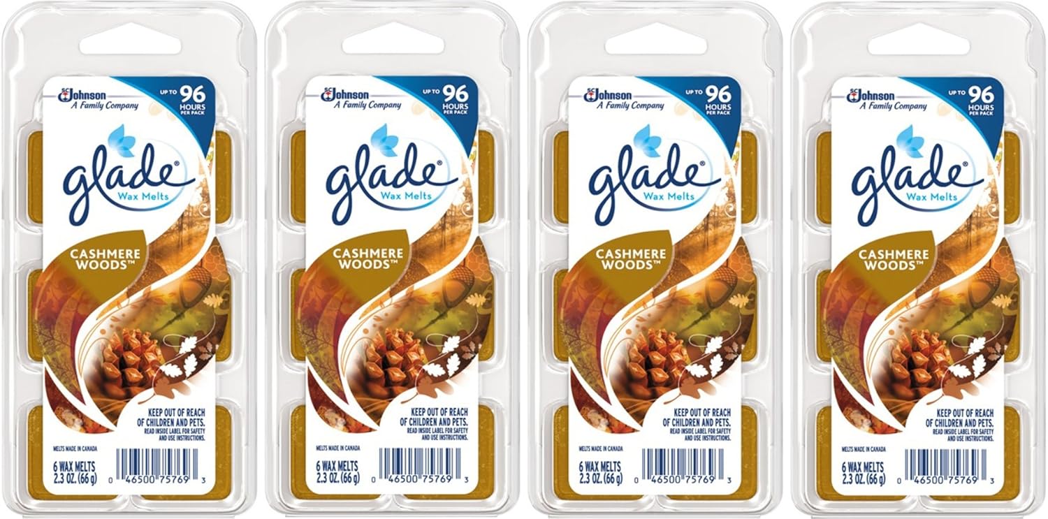 Glade Cera derretida  Madera de cachemira  6 unidades  Peso neto 2.3 oz (66 g) cada uno  Paquete de 4 (24 derretidos en total)