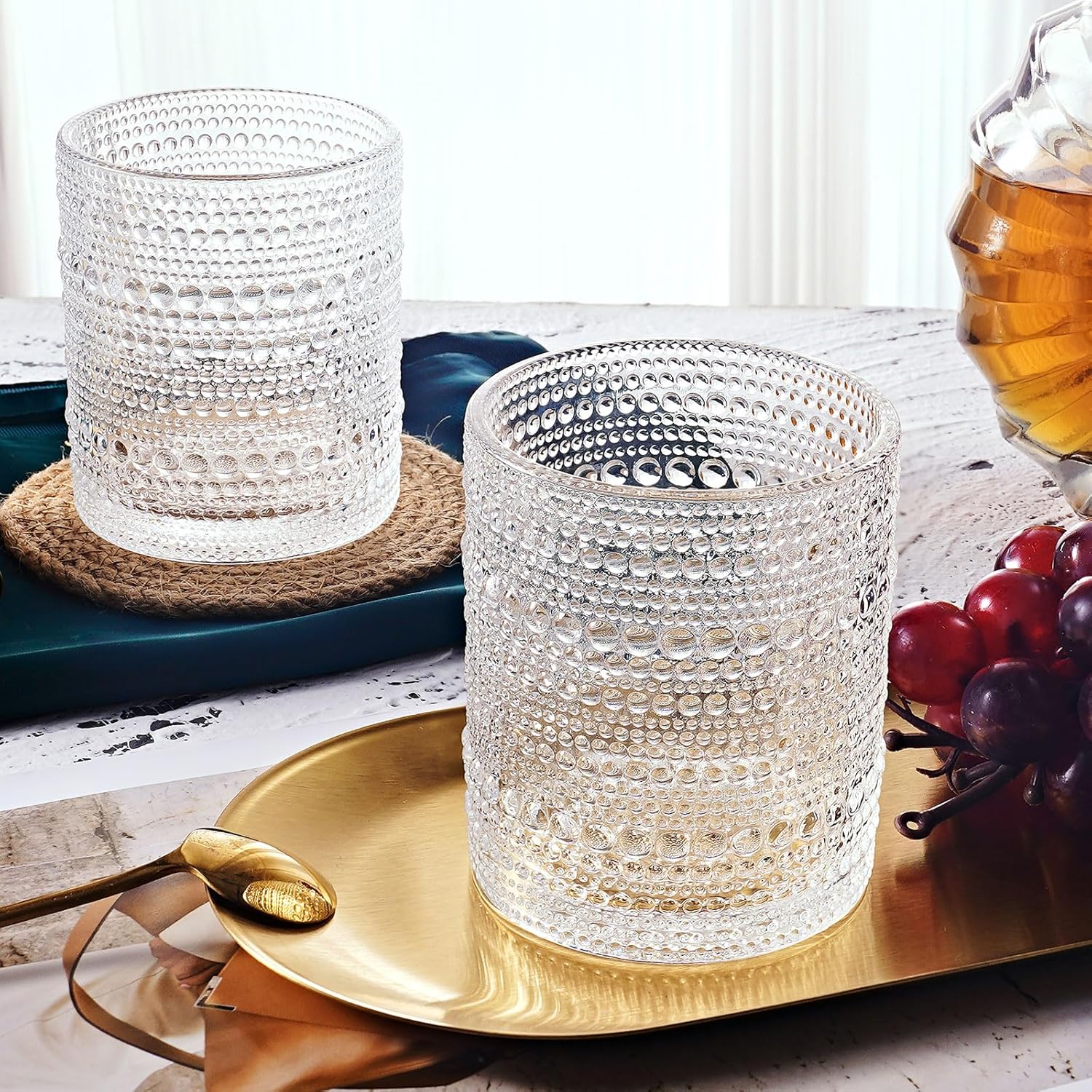 Hobnail – Juego de 4 vasos de cristal de moda antigua de 10 onzas, juego de 4 vasos de jugo de agua, cóctel, juego de cristalería vintage, regalo