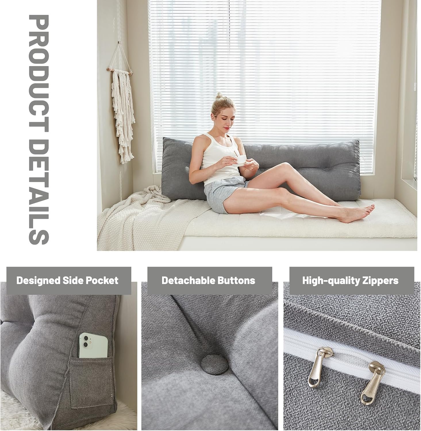 Zelladorra Headboard Pillow for Bed,Triangular Wedge Pillow Headboard Positioning Support While Reading and Resting,Cushion Headboard with Washable
