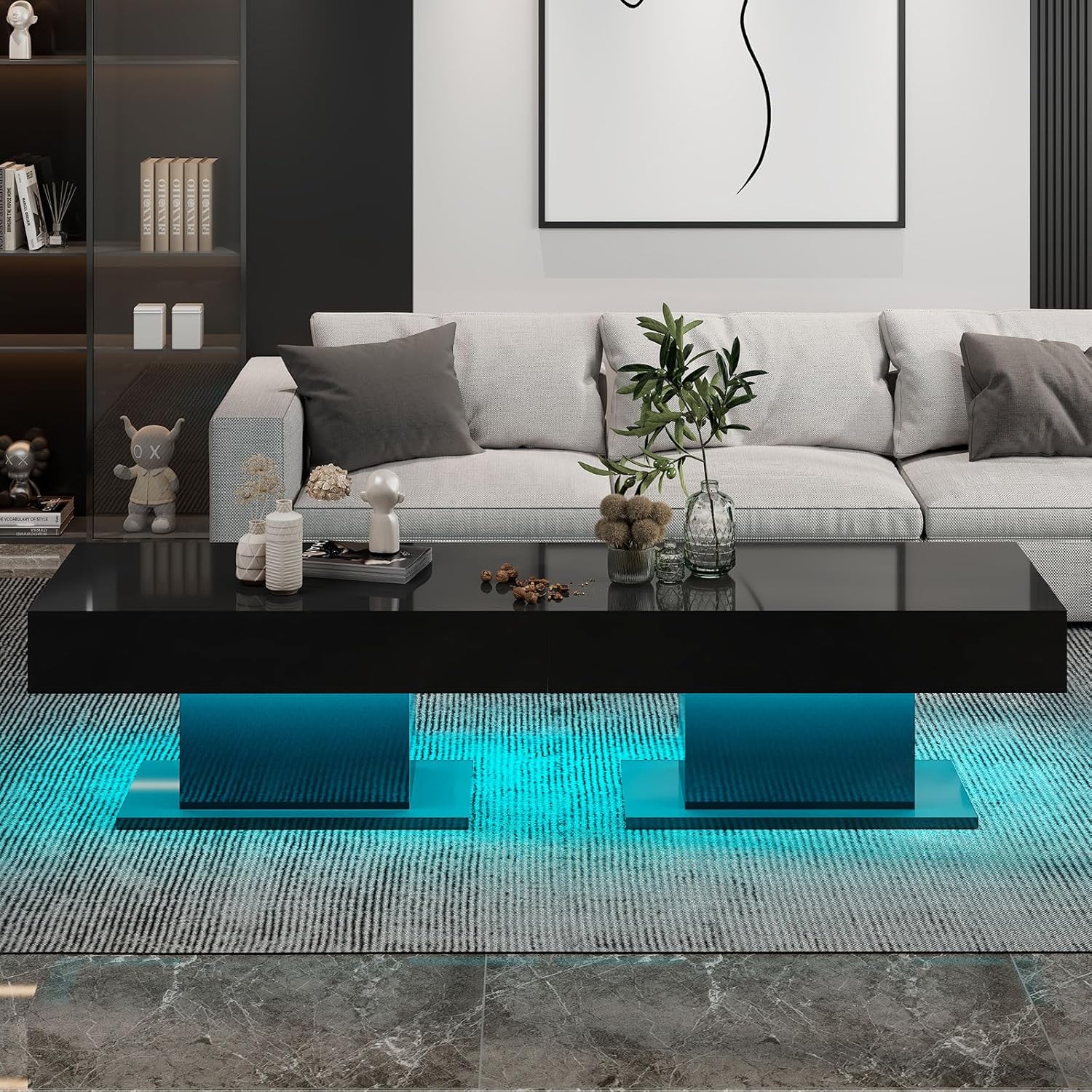 Mesa de centro LED para sala de estar, mesa de centro moderna de alto brillo con luces LED de 16 colores, mesa de centro rectangular inteligente de