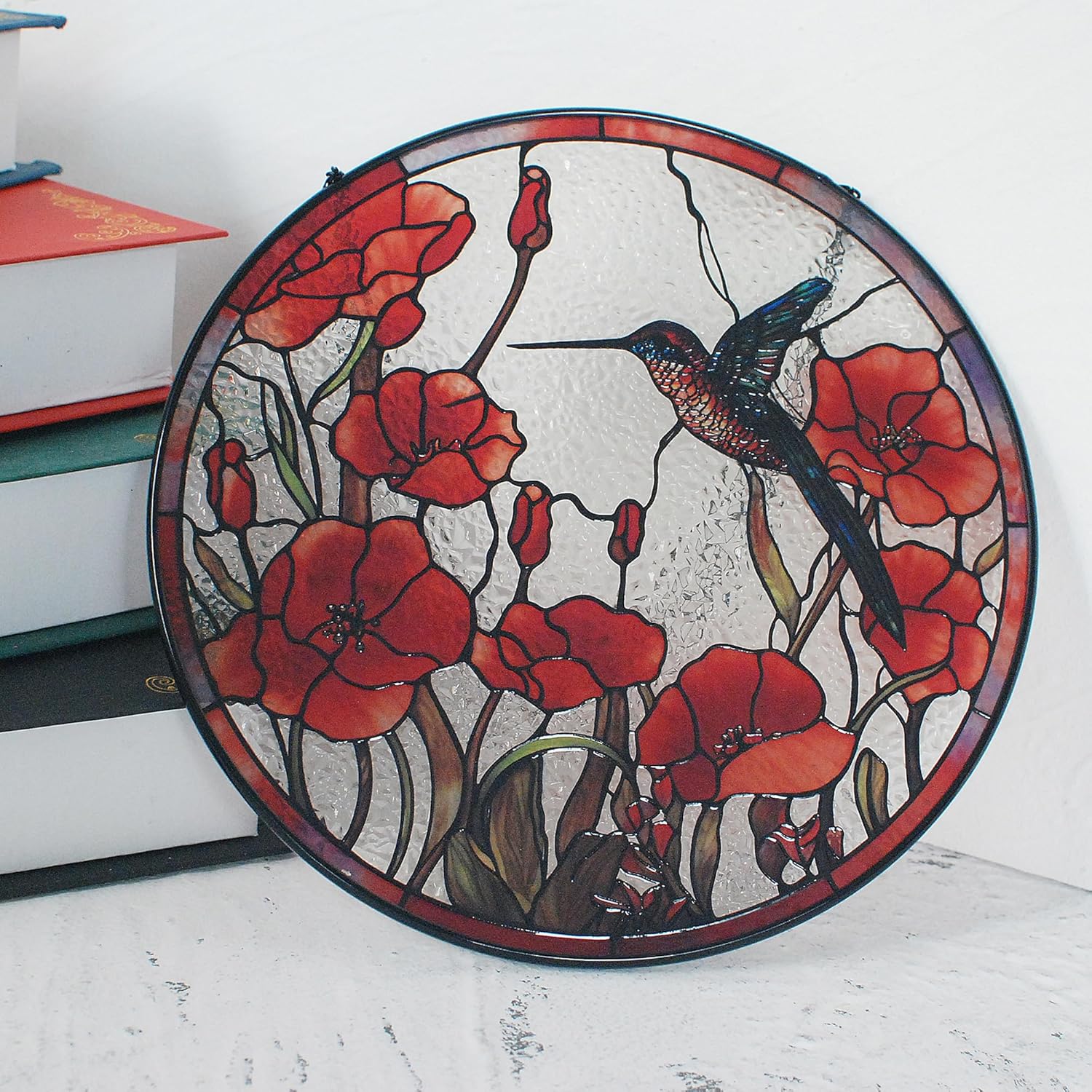 Atrapasoles de colibrí con vitrales, diseño original de 7.8 pulgadas, adorno de amapolas rojas de colibrí para atrapasoles para ventana interior