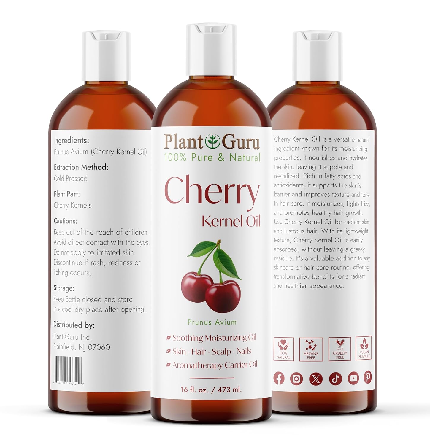 Aceite de grano de cereza, 16 onzas, prensado en frío, 100% puro, natural, portador  humectante para el crecimiento de la piel, la cara, el cuerpo y