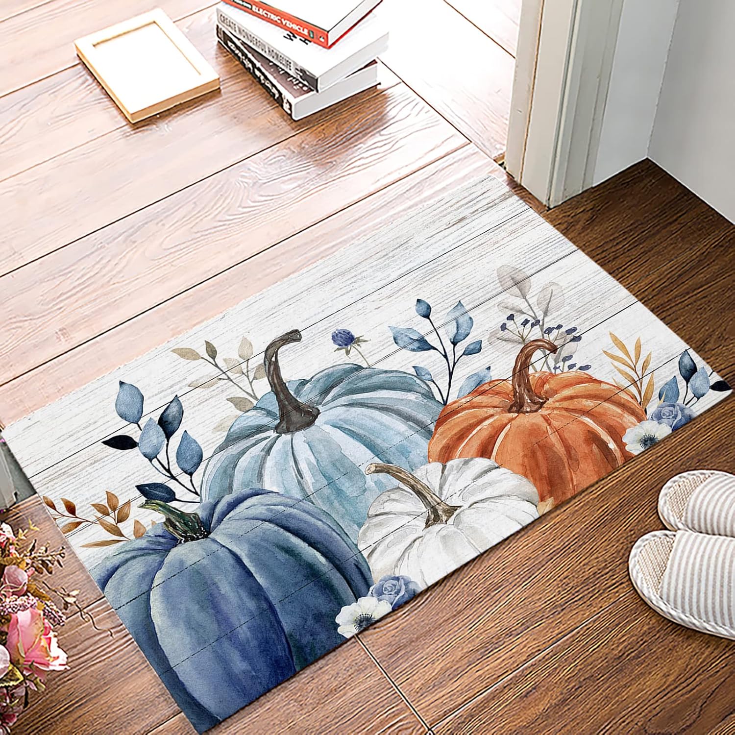 Tapete para puerta de Acción de Gracias, tapete de bienvenida de otoño con calabaza azul, blanca y naranja, tapete antideslizante para el suelo,