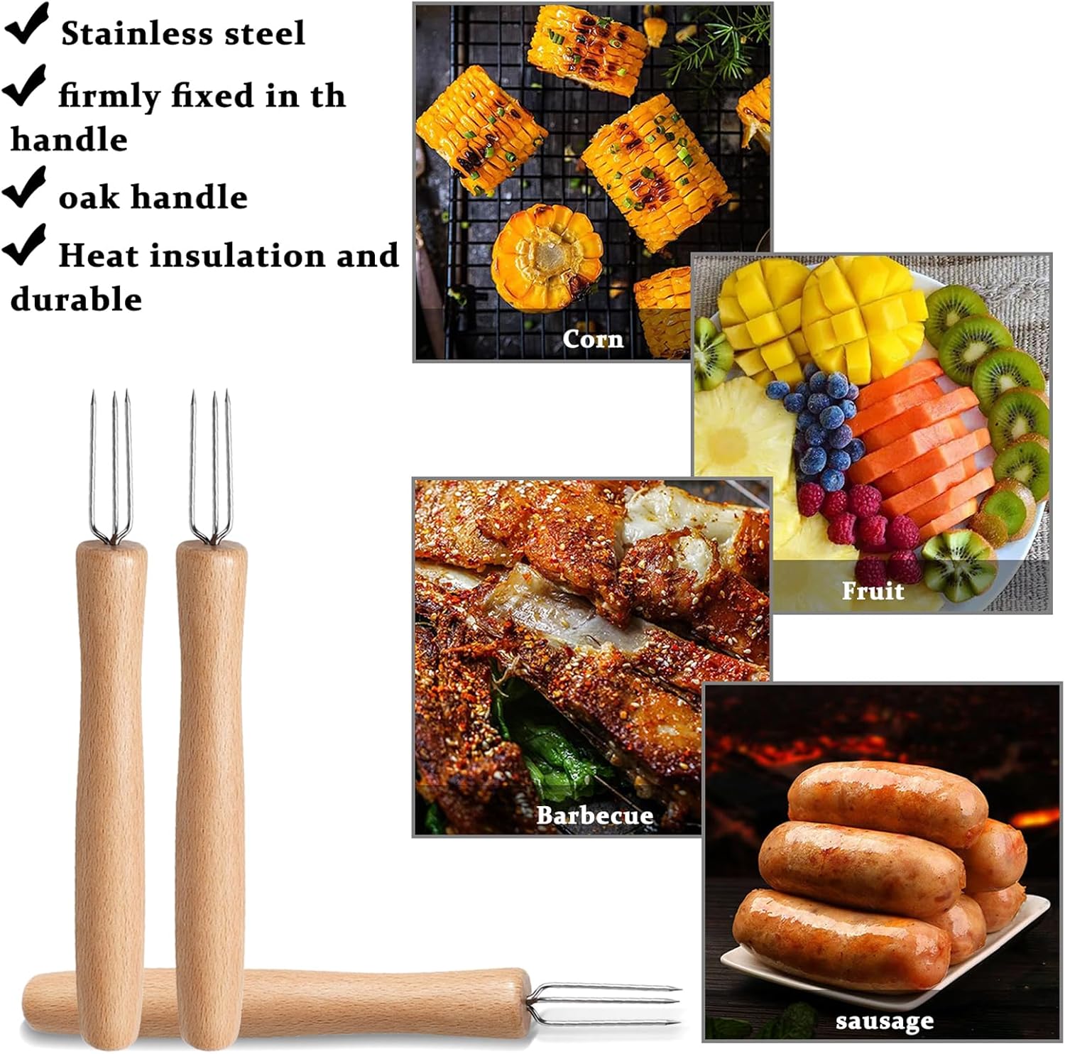 Juego de 6 soportes de maíz de acero inoxidable en la mazorca con mango de madera para maíz en la mazorca de mango largo, brochetas de mazorca,