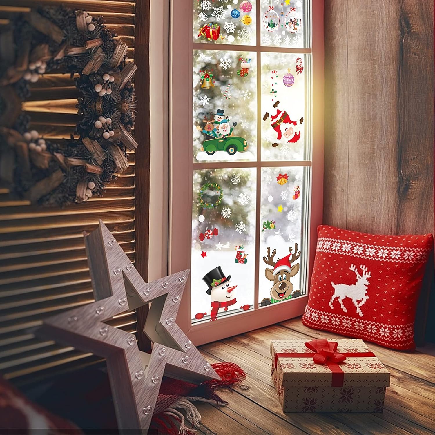 JMANNI Calcomanías navideñas para ventana, 8 hojas, calcomanías para ventana, copos de nieve, cuadros de ventana para puertas, escaparates, frentes