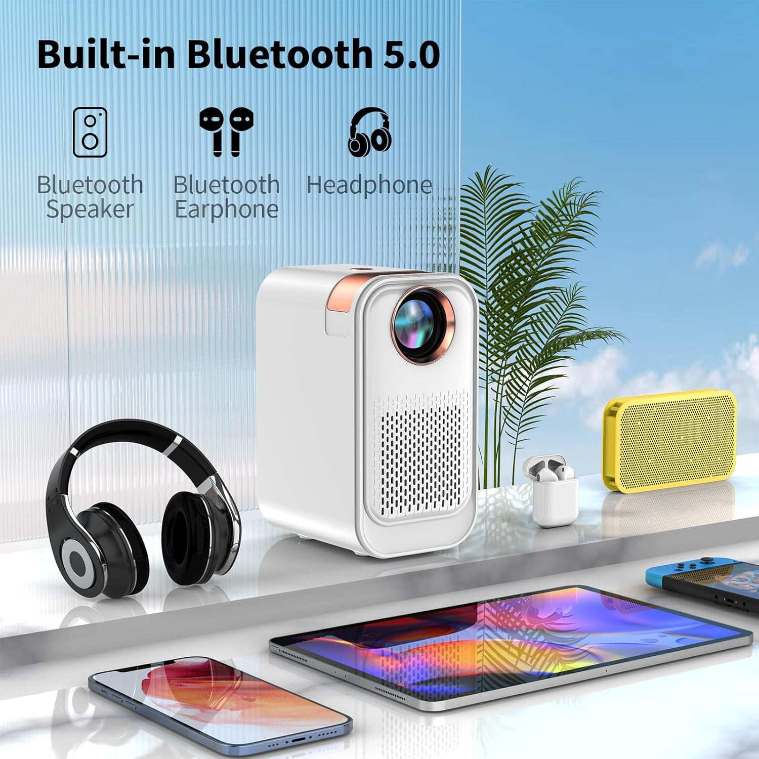 Mini proyector con WiFi 5G y Bluetooth, proyector compatible con 1080P con soporte para proyector, proyector de películas compatible con iOSAndroid,