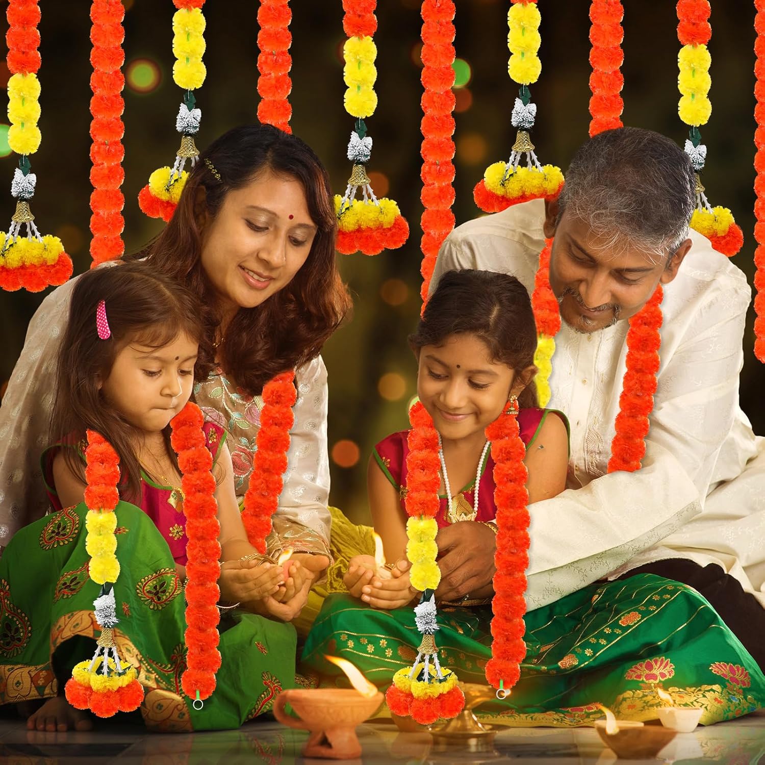 5 guirnaldas de caléndula para decoración de flores artificiales de caléndula de 5 pies de largo, decoración tradicional india, guirnaldas largas