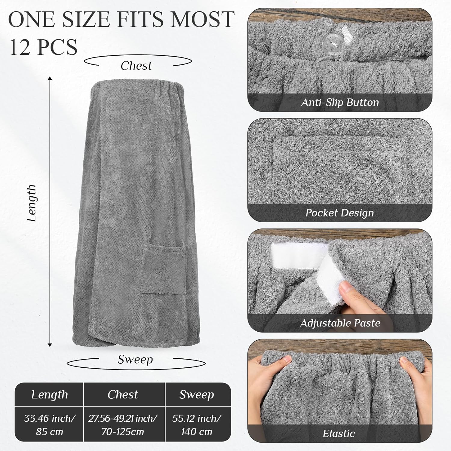 Tigeen 12 piezas de bata de spa para mujer, toallas de spa con bolsillo ajustable, toallas ligeras para baño y ducha (gris, bolsillo), Gris