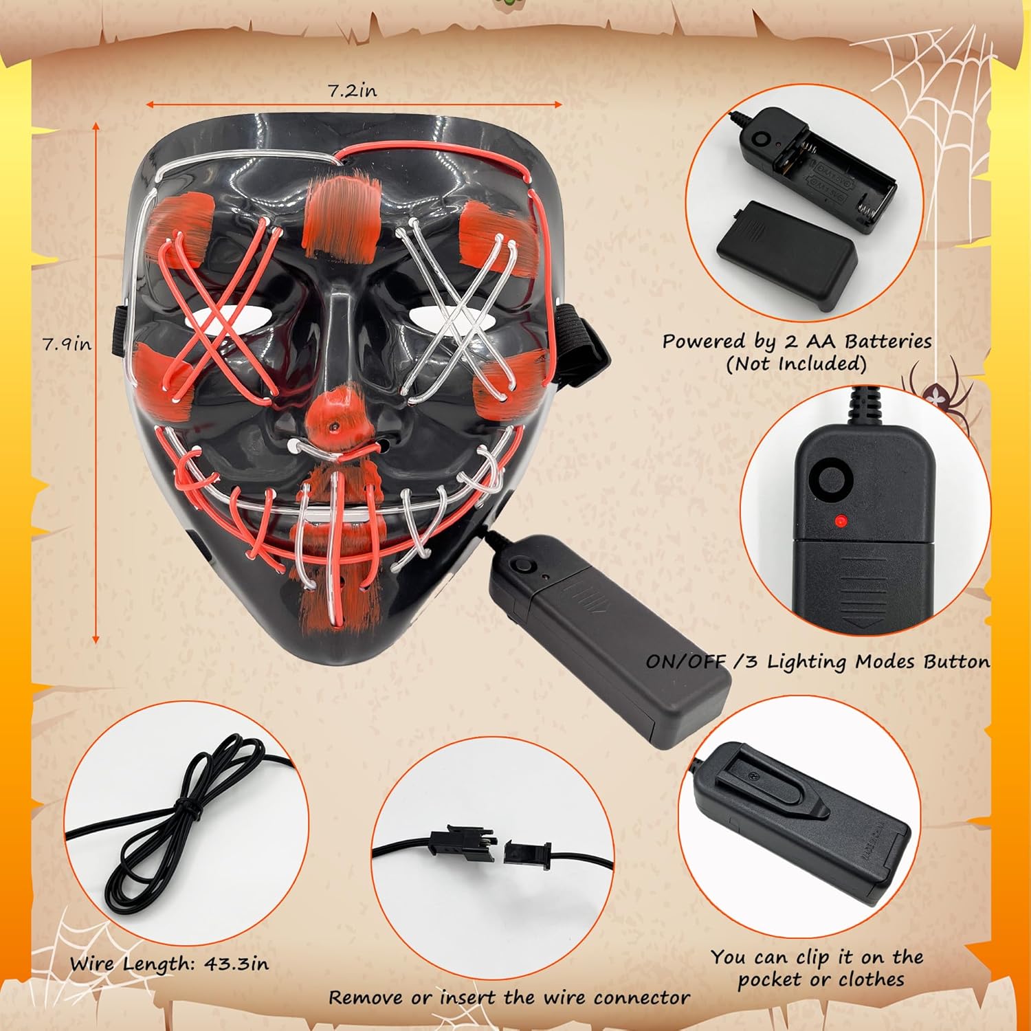 Máscara brillante de Halloween con luz LED, máscara de miedo, regalo para niños y niñas, festival, cosplay, disfraz de Halloween, fiesta de máscaras