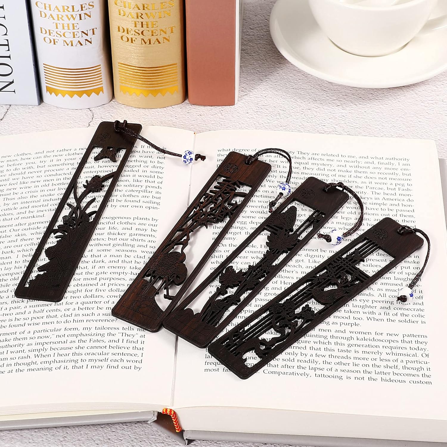 Marcapáginas de madera de 4 piezas para hombres y mujeres, amantes de los libros, hecho a mano de madera natural, marcapáginas para libros tallados,
