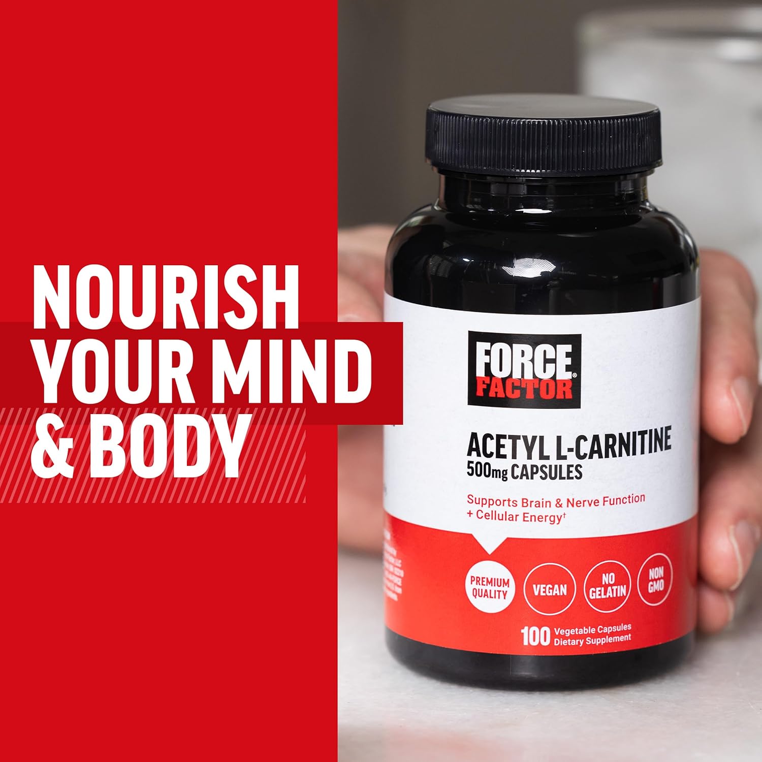 Force Factor Suplemento cerebral de acetil L-carnitina, suplemento de apoyo nervioso y refuerzo de energía celular, acetil L-carnitina 500 mg,