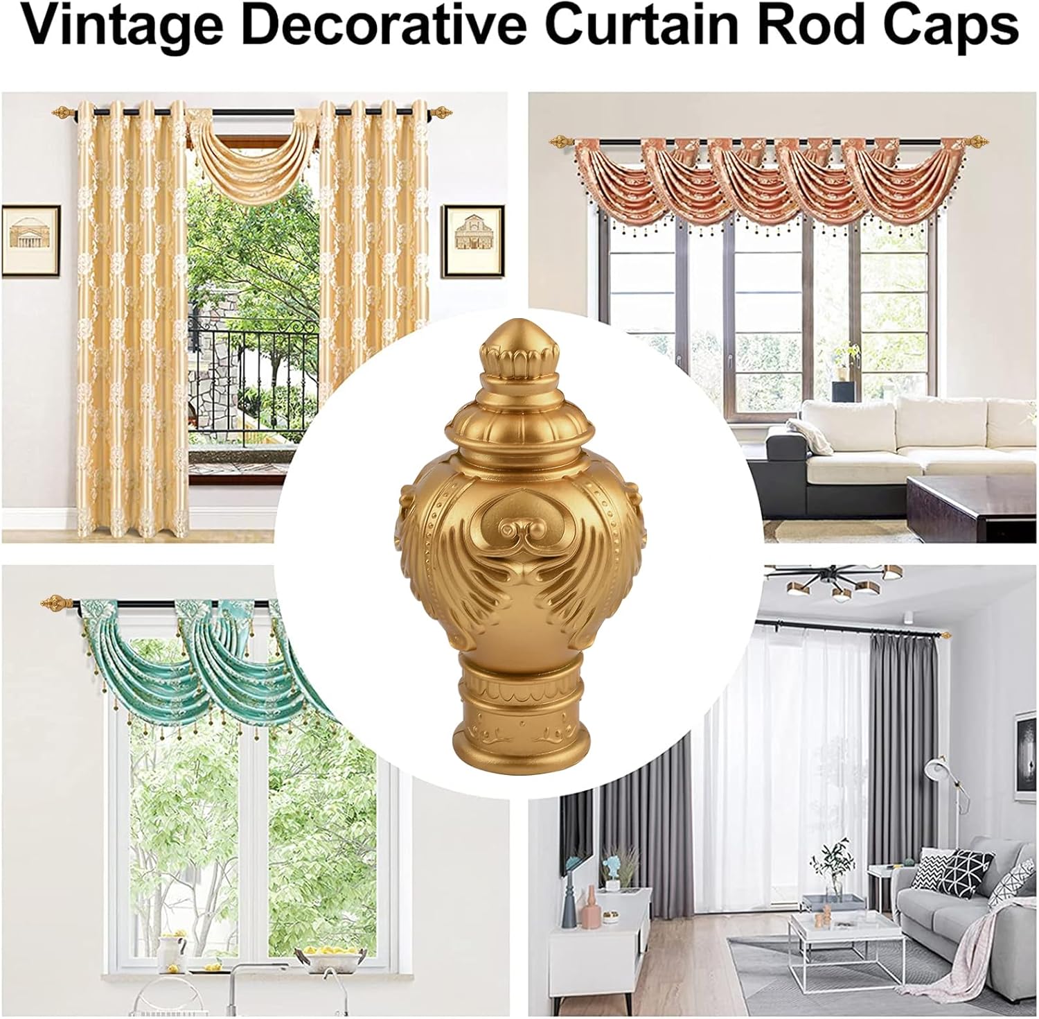 UFURMATE Remates de cortina, 6 piezas de plástico dorado para cortinas, barra de cortina, tapa decorativa para ventana, extremo de cortinero,