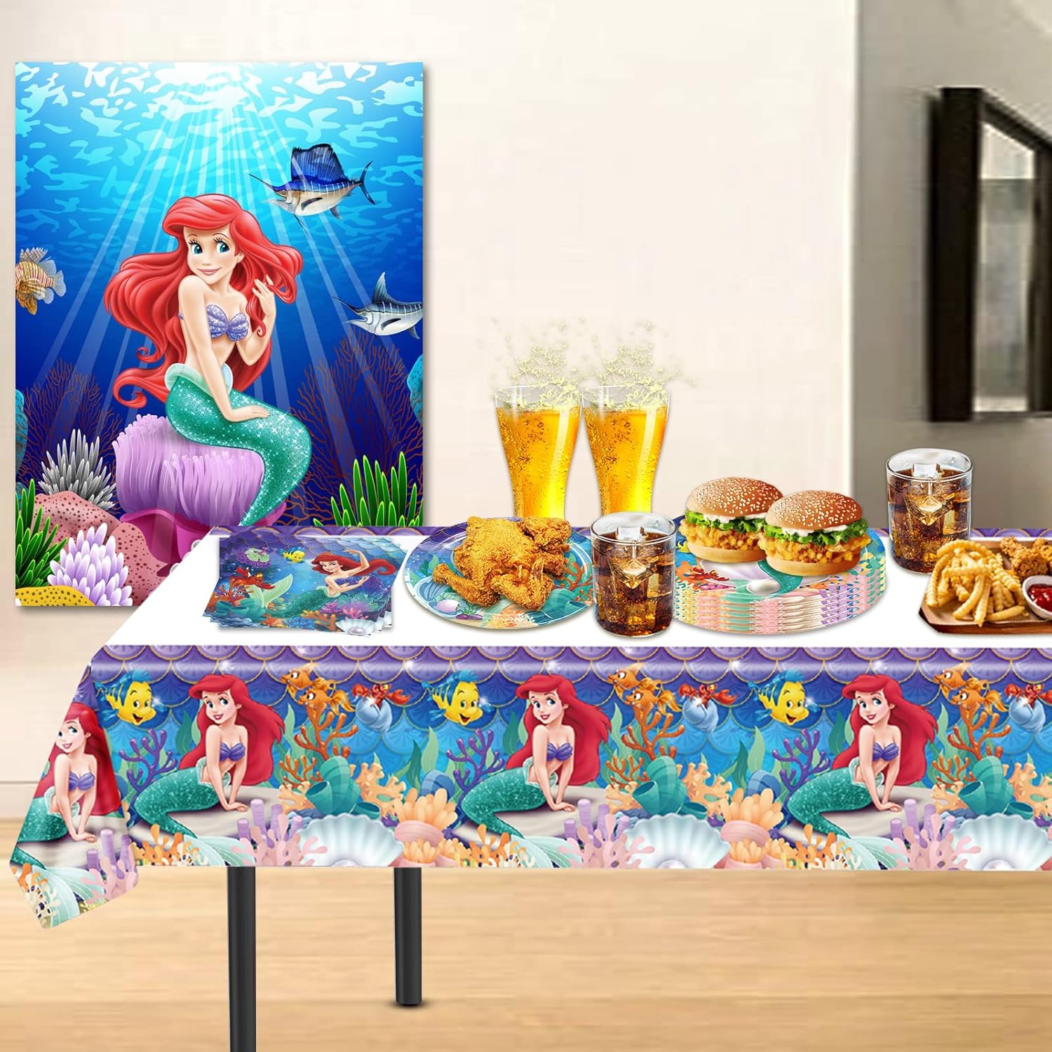 Ariel – Suministros para fiesta de cumpleaños, 20 platos, 20 servilletas y 1 mantel para decoración de fiesta de sirenita para niñas