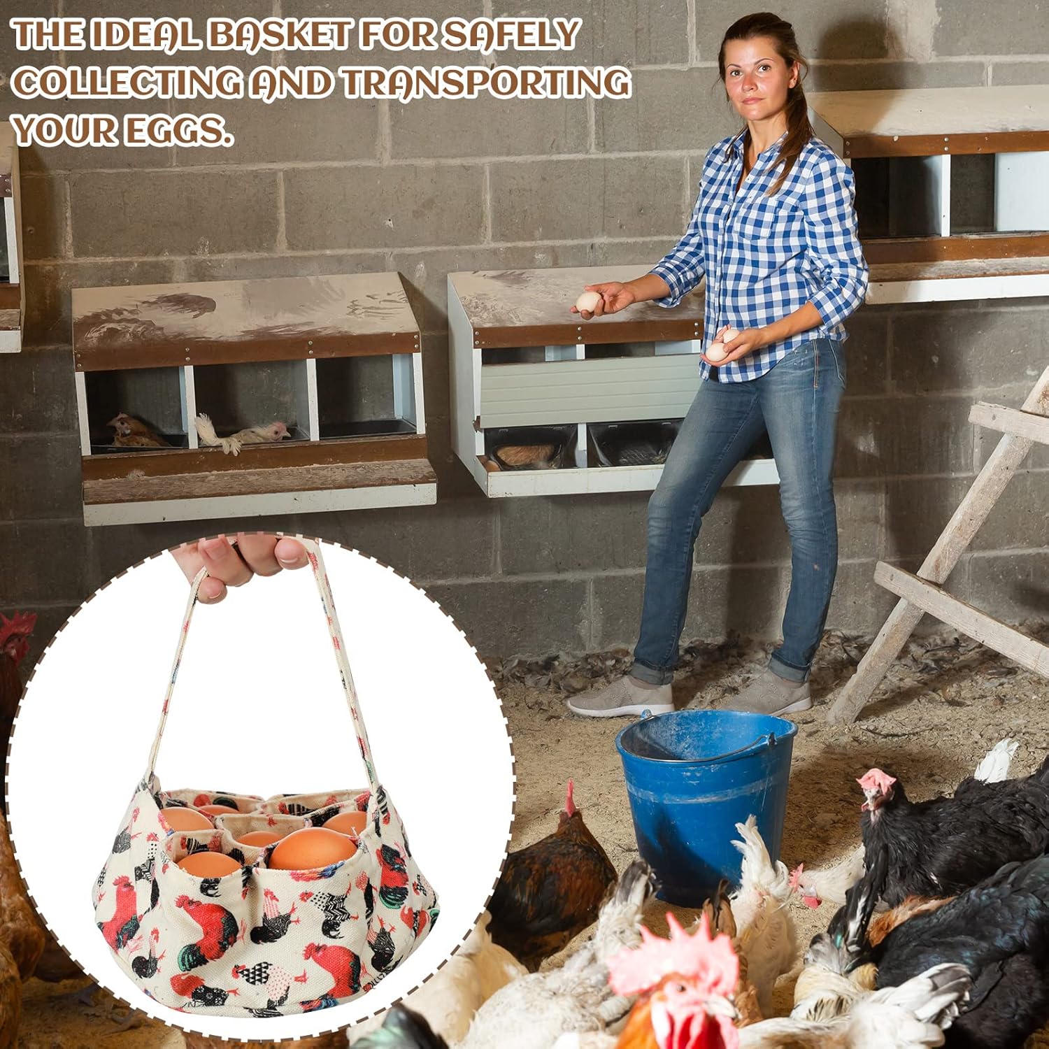 2 bolsas de huevos, cesta para huevos, cesta para recolección de huevos, cesta de recolección de huevos con 7 bolsas para granja, pollo, gallina,