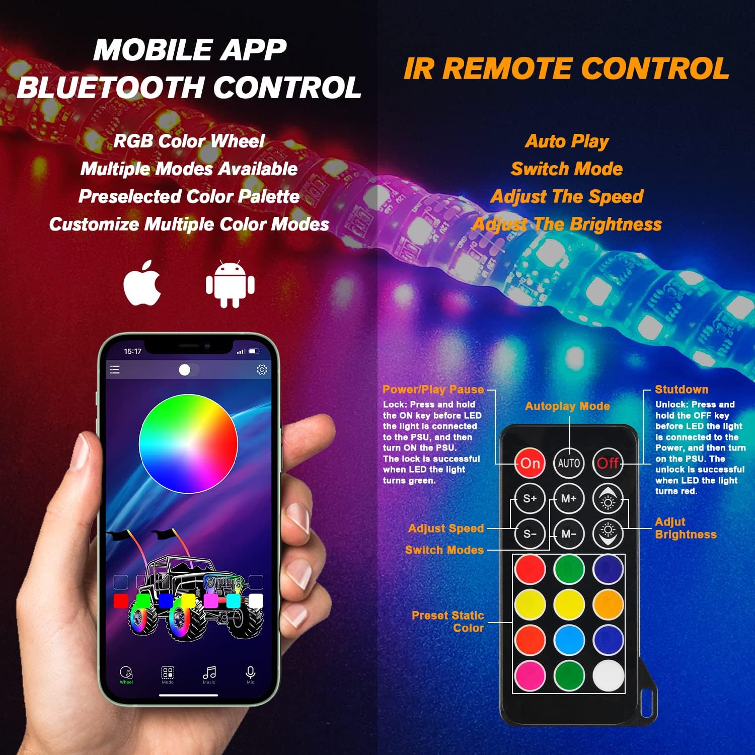 2 luces LED en espiral RGB de 4 pies con base de resorte, luz de persecución con Bluetooth y control remoto, látigos de antena iluminados para