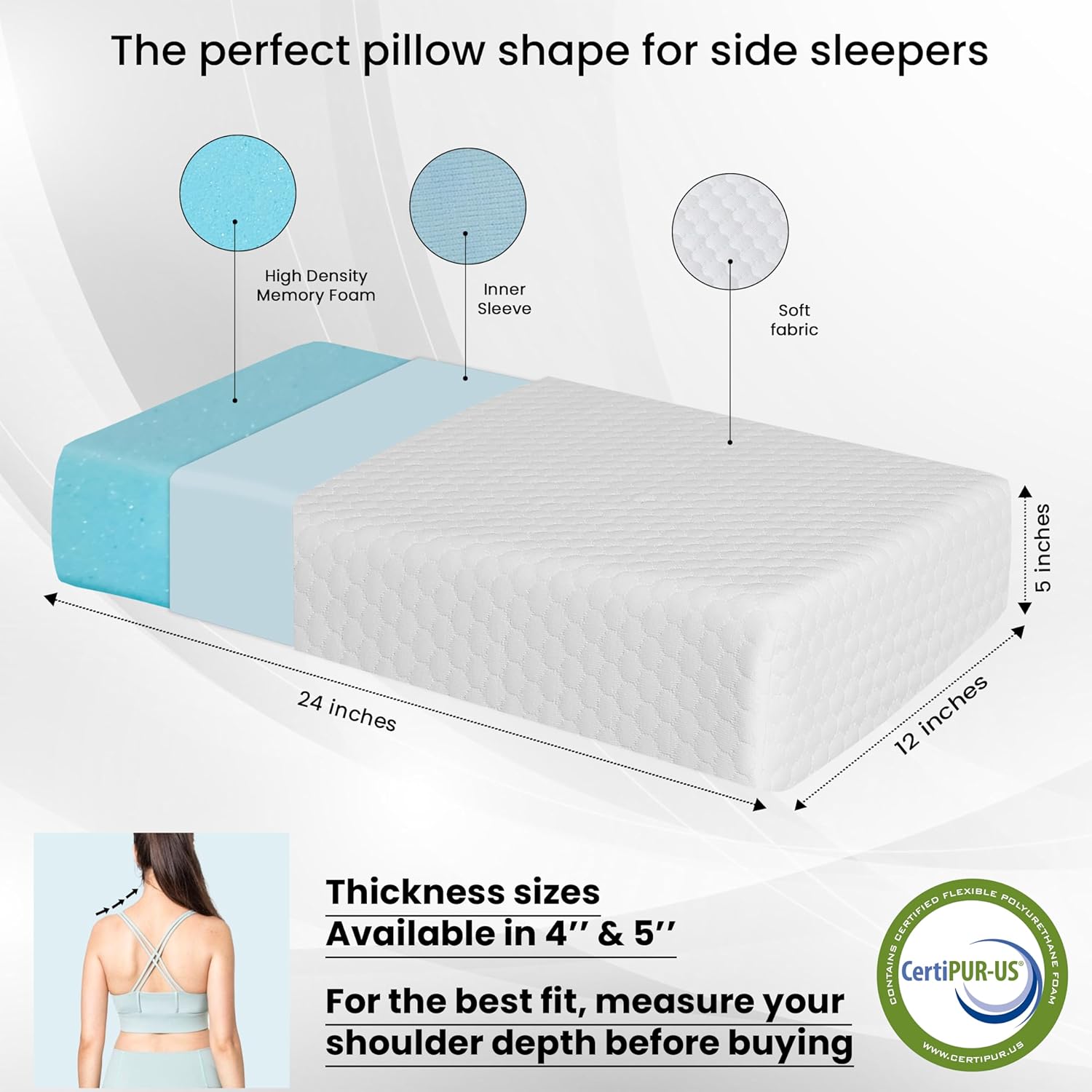 Almohada cúbica de espuma viscoelástica para personas que duermen de lado, color gris con funda extra blanca, 24 x 12 x 5 pulgadas, almohada firme