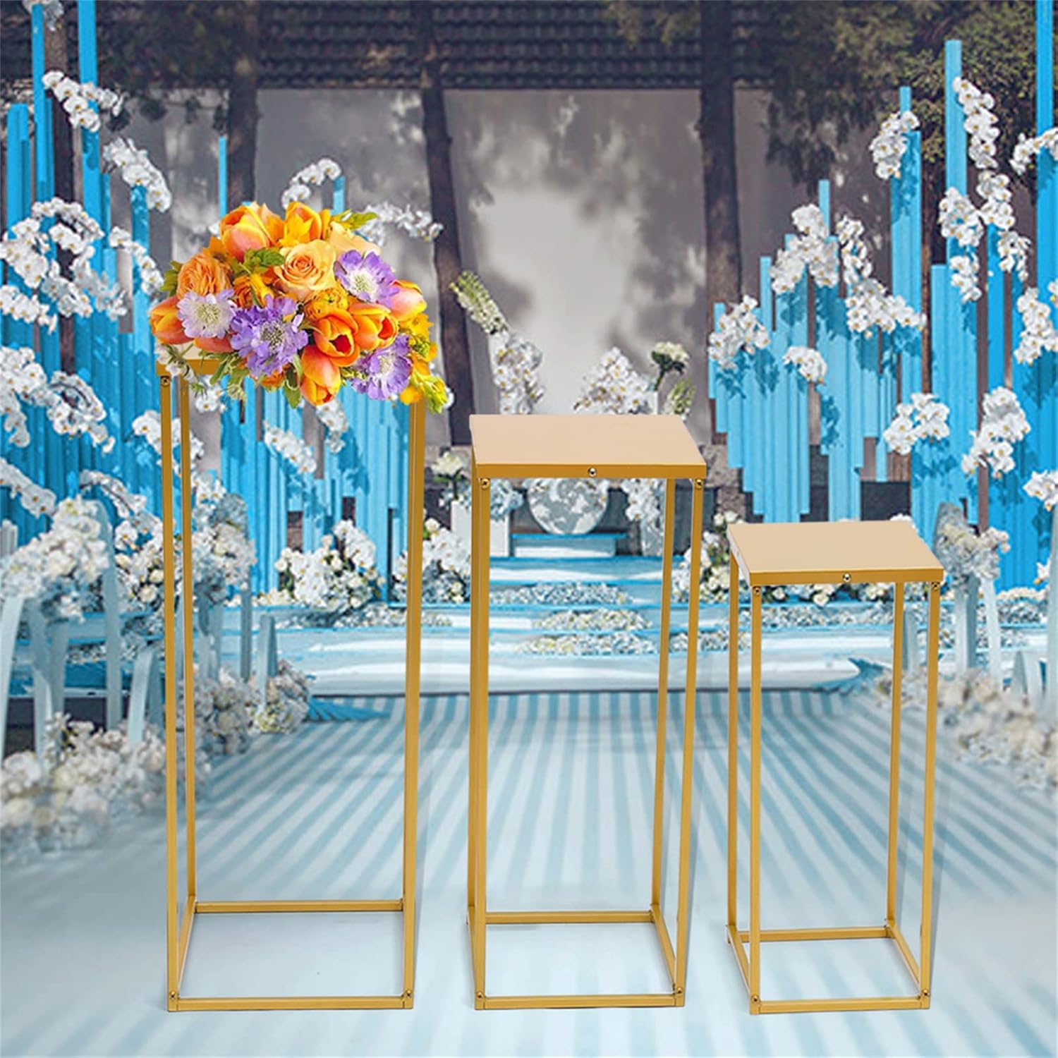 Jarrones de mesa de boda para mesas, soporte geométrico de flores de columna de metal, juego de 3 estantes altos dorados para decoración de fiestas,