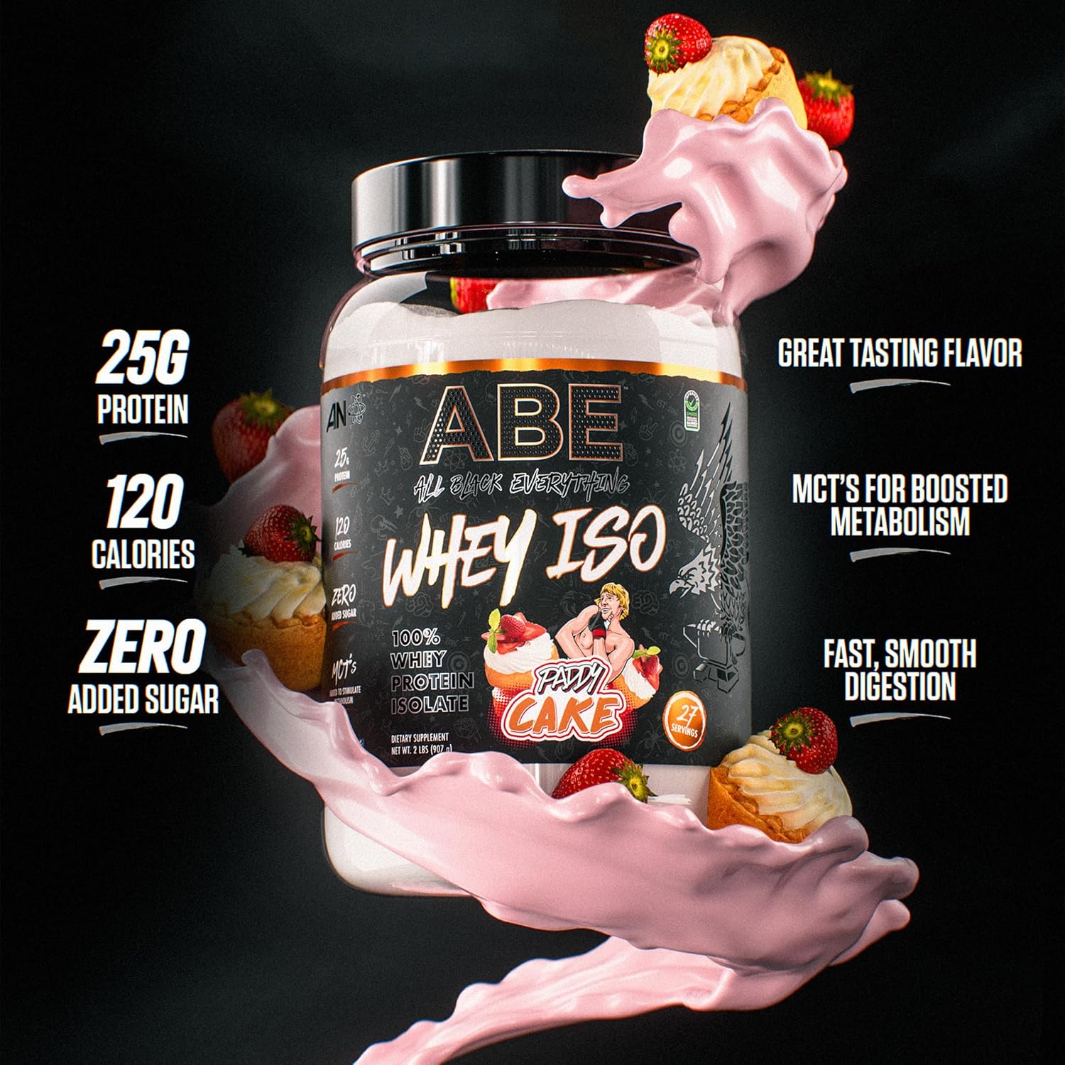 ABE Whey ISO – All Black Everything 100% aislado de proteína de suero con trozos de fresas reales  Después del entrenamiento, 0.88 onzas de