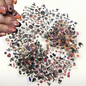 24 hojas de calcomanías de uñas de Halloween, calabaza, fantasma, cara, calcomanías de uñas autoadhesivas 3D, tela de araña, gato, murciélago, 24 hojas de calcomanías de uñas de Halloween, calabaza, fantasma, cara, calcomanías de uñas autoadhesivas 3D, tela de araña, gato, murciélago,