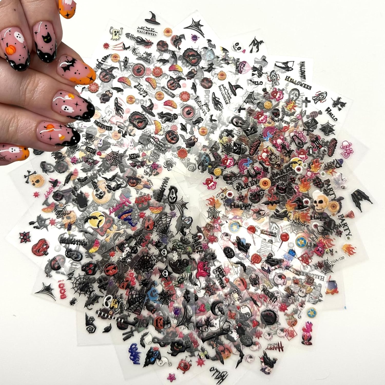 24 hojas de calcomanías de uñas de Halloween, calabaza, fantasma, cara, calcomanías de uñas autoadhesivas 3D, tela de araña, gato, murciélago,