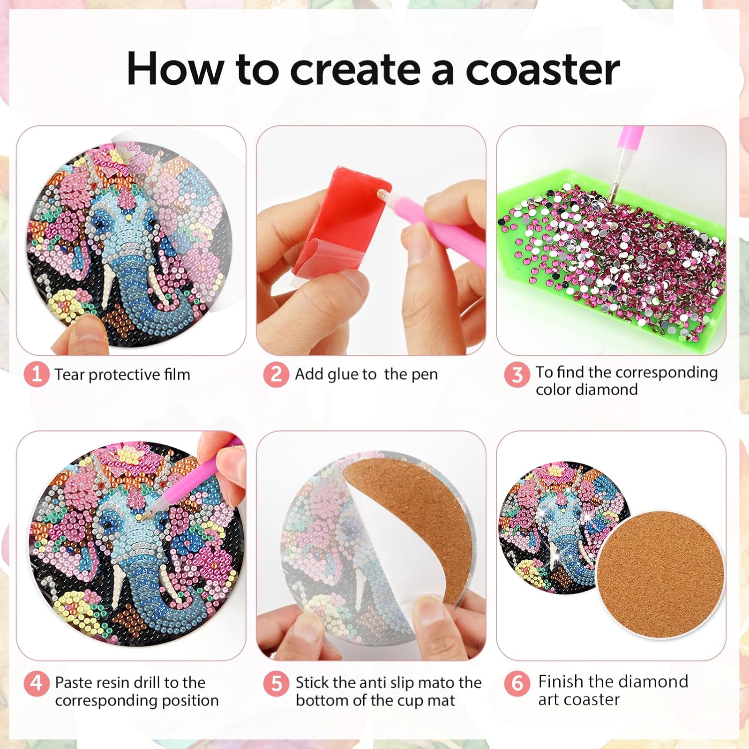 Juego de 8 posavasos de elefante con diamantes con soporte, posavasos de arte de diamante de elefante con bases de corcho para adultos, kits de